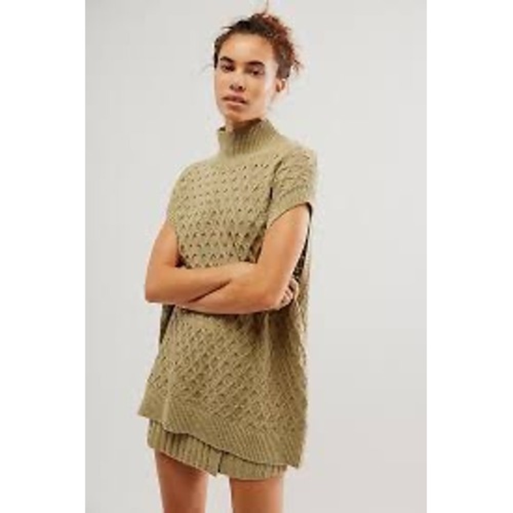 Free People Olive Green Knit 2 Piece Set Sleeveless Turtleneck & Ribbed Skirt XS